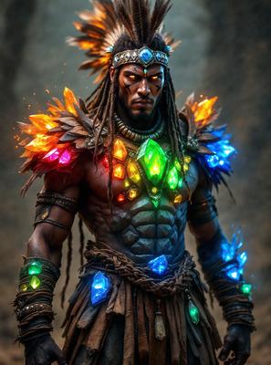 The primary subject of the image is a man wearing a colorful costume, featuring a mix of rainbow colors and glowing jewels. The man is standing in front of a dark background, which contrasts with the vibrant colors of his outfit. The visual style of the image appears to be a combination of digital art and illustration, creating a unique and eye-catching appearance. The overall atmosphere of the image is lively and energetic, with the man's costume serving as a foc